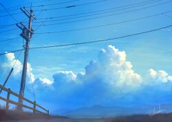 alu.m_(alpcmas) blue_sky cloud cloudy_sky day fence mountain no_humans original outdoors power_lines scenery signature sky sky_focus utility_pole wooden_fence