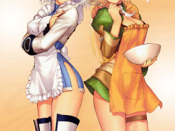 Rule 34 | 2girls, apron, blanc neige, blonde hair, bowl, breasts, choker, cleavage, crossed arms, elwing, feathers, head out of frame, large breasts, long hair, multiple girls, sega, shining (series), shining tears, short hair, tony taka, whisk, white hair
