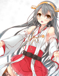 Rule 34 | 10s, 1girl, bad id, bad pixiv id, bare shoulders, blush, brown eyes, detached sleeves, dutch angle, grey hair, hair ornament, hairband, hairclip, haruna (kancolle), headgear, hypertan, kantai collection, lace, lace-trimmed legwear, lace trim, long hair, looking at viewer, nontraditional miko, open mouth, pleated skirt, red skirt, simple background, skirt, solo, thighhighs, white background