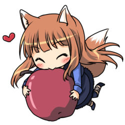 Rule 34 | 00s, animal ears, apple, bad id, bad pixiv id, brown hair, chibi, food, fruit, heart, holo, long hair, lowres, nekono osero, solo, spice and wolf, tail, wolf ears, wolf tail