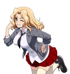 Rule 34 | 10s, 1girl, blazer, blonde hair, blouse, blue eyes, breasts, dress shirt, girls und panzer, grin, hand on own hip, jacket, kay (girls und panzer), large breasts, leg up, long hair, miniskirt, one eye closed, pleated skirt, shinmai (kyata), shirt, shoes, skirt, smile, sneakers, solo, standing, thighhighs, transparent background, white shirt, white thighhighs