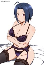 Rule 34 | 1girl, absurdres, arms under breasts, bed, black thighhighs, box wonderland, breasts, highres, idolmaster, idolmaster (classic), lace, lace-trimmed legwear, lace trim, large breasts, lingerie, looking at viewer, miura azusa, navel, red eyes, short hair, smile, thighhighs, underwear