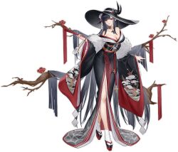 Rule 34 | 1girl, azur lane, bare shoulders, black hair, branch, breasts, cleavage, closed mouth, collarbone, cross, detached sleeves, faux figurine, flower, folded fan, folding fan, full body, fur trim, gujianshaonu, hand fan, hat, iron cross, japanese clothes, kimono, large breasts, lips, long hair, looking at viewer, looking away, obi, official alternate costume, official art, peter strasser (azur lane), peter strasser (chronos&#039;s kalendae) (azur lane), platform clogs, purple eyes, sandals, sash, smile, solo, standing, tabi, transparent background, very long hair, wide sleeves
