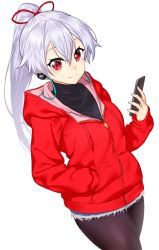 Rule 34 | 1girl, black bodysuit, bodysuit, cellphone, closed mouth, commentary request, dutch angle, earphones, fate/grand order, fate (series), hair ribbon, hand in pocket, holding, holding phone, hood, hoodie, long hair, looking at viewer, onsoku inu, pantyhose, phone, ponytail, red eyes, red hoodie, red ribbon, ribbon, silver hair, simple background, smartphone, smile, solo, standing, tomoe gozen (fate), turtleneck, white background