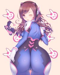 Rule 34 | 1girl, ;d, arched back, armor, ass, bent over, bodysuit, bracer, breasts, brown eyes, brown hair, cameltoe, charm (object), cowboy shot, d.va (overwatch), eyebrows, facepaint, facial mark, fang, from behind, gloves, gun, hand on own ass, handgun, headphones, high collar, hitomilook, leaning forward, long hair, looking at viewer, looking back, medium breasts, one eye closed, open mouth, overwatch, overwatch 1, pauldrons, pilot suit, ribbed bodysuit, shoulder armor, shoulder pads, simple background, smile, solo, thigh gap, turtleneck, weapon, whisker markings, white gloves