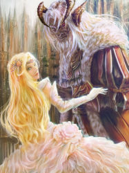 Rule 34 | 1boy, 1girl, aias randgris, architecture, bad id, bad pixiv id, beard, beauty and the beast, belt, blonde hair, blue eyes, circlet, demon horns, detached sleeves, dress, earrings, elbow gloves, expressionless, facial hair, flower, frilled dress, frills, fur trim, gloves, gothic architecture, hair ornament, hoop earrings, horns, jewelry, leaning back, lips, long hair, looking at viewer, looking back, monster, nose, original, puffy sleeves, red eyes, rose, white dress, white flower, white hair, white rose