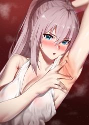 Rule 34 | 1girl, absurdres, arm up, armpit focus, armpits, bare shoulders, blush, breasts, camisole, commentary request, dutch angle, green eyes, highres, large breasts, light particles, long hair, looking at viewer, open mouth, pink hair, presenting armpit, ramanda, red background, shionne (tales), sidelocks, sleeveless, solo, spread armpit, steaming body, tales of (series), tales of arise