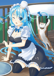 Rule 34 | 1girl, apron, bad id, bad pixiv id, bell, black dress, black thighhighs, blue eyes, blue hair, blue sky, breasts, cat, cleavage, collar, day, dress, hair ribbon, highres, kuro oolong, long hair, maid, maid apron, matching hair/eyes, medium breasts, moe2015, neck bell, open mouth, original, over-kneehighs, puffy short sleeves, puffy sleeves, ribbon, sexually suggestive, shirt, short sleeves, sitting, sky, solo, spilling, suggestive fluid, thighhighs, tray, tress ribbon, very long hair, waist apron, zettai ryouiki