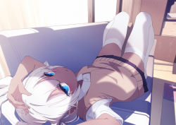 Rule 34 | 1girl, arms up, blue bow, blue eyes, blue skirt, bow, brown vest, couch, dark-skinned female, dark skin, day, female focus, flat chest, hair bow, indoors, kasshoku-chan (katuo1129), looking at viewer, lying, miniskirt, on back, open mouth, original, pleated skirt, school uniform, shirt, short sleeves, skindentation, skirt, solo, sweater vest, thighhighs, twintails, unimon e, vest, white hair, white shirt, white thighhighs, window, zettai ryouiki