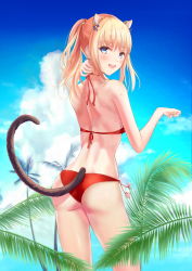 Rule 34 | 1girl, :d, animal ears, ass, bad id, bad pixiv id, bikini, blonde hair, blue eyes, blue sky, blush, bnari, breasts, brown tail, cat ears, cat tail, cloud, day, highres, long hair, looking at viewer, looking back, open mouth, original, outdoors, palm tree, ponytail, red bikini, sideboob, sidelocks, sky, small breasts, smile, solo, standing, summer, swimsuit, tail, tree