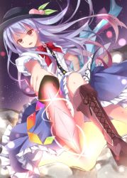 Rule 34 | 1girl, bad id, bad pixiv id, blouse, blue hair, cross-laced footwear, erika (ym0311), highres, hinanawi tenshi, long hair, md5 mismatch, puffy short sleeves, puffy sleeves, rainbow gradient, red eyes, shirt, short sleeves, solo, sword of hisou, touhou, white shirt