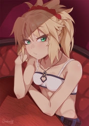 Rule 34 | 1girl, artist name, blonde hair, booth seating, darahan, fate/apocrypha, fate/grand order, fate (series), green eyes, head rest, jewelry, looking at another, midriff, mordred (fate), mordred (fate/apocrypha), mordred (memories at trifas) (fate), necklace, ponytail, pout, red scrunchie, scrunchie, shorts, solo, strapless, tube top