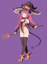 Rule 34 | 1girl, bare shoulders, bell, black choker, black thighhighs, blade (galaxist), blue eyes, blush, brown hat, choker, closed mouth, demon tail, elizabeth bathory (fate), elizabeth bathory (fate/extra ccc), fate/grand order, fate (series), finger cots, flat chest, full body, hat, highleg, highleg leotard, highres, holding, horn ornament, horns, horns through headwear, jingle bell, leotard, long hair, looking at viewer, neck bell, pink hair, pointy ears, pointy footwear, purple background, simple background, skindentation, solo, standing, strapless, strapless leotard, tail, thighhighs, two side up, witch hat
