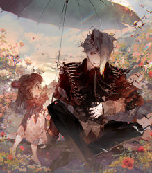 Rule 34 | 1boy, 1girl, asymmetrical bangs, asymmetrical hair, barefoot, bat (animal), black pants, blood, blood in mouth, brown hair, buttons, child, cloud, collared jacket, commentary request, deep wound, flower, hair bun, hair over one eye, holding, holding umbrella, injury, jacket, kawacy, light smile, long hair, long sleeves, looking at another, original, outdoors, pale skin, pants, parasol, pointy ears, rainbow, red eyes, red jacket, shirt, shoes, single hair bun, sky, torn clothes, umbrella, vampire, white hair, white shirt