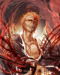 1boy absurdres aura bankai black_sclera bleach collarbone colored_sclera commentary dark_aura fighting_stance highres holding holding_sword holding_weapon hollow_mask katana kurosaki_ichigo long_sleeves looking_at_viewer male_focus mask nitrovu orange_hair shihakusho short_hair sketch solo spiked_hair sword teeth tensa_zangetsu_(bankai) upper_body weapon yellow_eyes