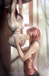 Rule 34 | 2016, 2girls, alex malveda, artist name, bare shoulders, breasts, dated, closed eyes, face-to-face, gwen stacy, hanging, hanging upside-down, kiss, long hair, marvel, mary jane watson, mask, mask pull, medium hair, multiple girls, outdoors, pants, rain, red hair, spider-gwen, spider-man (series), superhero costume, upside-down, upside-down kiss, wet, wet hair, yuri