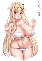 Rule 34 | 1girl, alternate breast size, alternate costume, bikini, blonde hair, blush, breasts, claw pose, cleavage, commentary request, cowboy shot, eyepatch bikini, flipped hair, hair flaps, hair ornament, hairclip, highres, huge breasts, kantai collection, looking at viewer, navel, open mouth, red eyes, simple background, smile, solo, swimsuit, teeth, tf cafe, twitter username, upper teeth only, white background, white bikini, yuudachi (kancolle), yuudachi kai ni (kancolle)