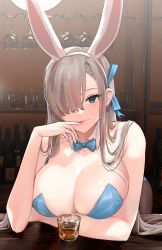 Rule 34 | 1girl, animal ears, asuna (blue archive), asuna (bunny) (blue archive), bare arms, bare shoulders, blue archive, blue bow, blue bowtie, blue leotard, bow, bowtie, breast hold, breasts, brown hair, cleavage, closed mouth, collarbone, commentary request, cup, detached collar, dot nose, fake animal ears, finger to mouth, forehead, glass, gorohneru, hair over one eye, hair over shoulder, hand up, highres, huge breasts, ice, ice cube, indoors, large breasts, leotard, long hair, looking at viewer, mole, mole on breast, no bra, official alternate costume, pantyhose, parted bangs, playboy bunny, shadow, smile, solo, strapless, strapless leotard, swept bangs, upper body