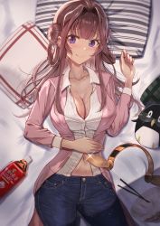 Rule 34 | 1girl, absurdres, ahoge, bed, black pants, bottle, breasts, brown hair, cleavage, coat, commentary request, cowboy shot, denim, double bun, failure penguin, hair bun, unworn hairband, headgear, highres, huge filesize, jeans, jewelry, kantai collection, kongou (kancolle), large breasts, long hair, looking at viewer, lying, official alternate costume, pants, pillow, pink coat, purple eyes, ring, shirt, solo, stuffed animal, stuffed penguin, stuffed toy, taki rentaro, wedding band, white shirt