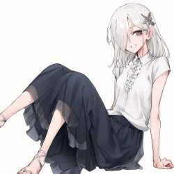 Rule 34 | 1girl, alt text, arm support, black skirt, collared shirt, commentary, foot out of frame, frilled shirt, frills, grey eyes, grey hair, hair ornament, hair over one eye, highres, leg up, looking at viewer, medium hair, medium skirt, oopartz yang, original, pleated skirt, sandals, shirt, short sleeves, simple background, sitting, skirt, smile, solo, uma (oopartz yang), white background, white shirt