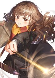 Rule 34 | 1girl, gryffindor, harry potter (series), hermione granger, highres, hogwarts school uniform, hood, hooded coat, long sleeves, ryota (ry o ta), scarf, school uniform, simple background, smile, solo, standing, striped clothes, striped scarf, teeth, wand, white background, wide sleeves, wizarding world