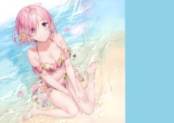 Rule 34 | 1girl, absurdres, alternate costume, bare shoulders, bikini, breasts, fate/grand order, fate (series), flower, full body, hair over one eye, highres, kuroki (ma-na-tu), looking at viewer, mash kyrielight, medium breasts, pink hair, purple eyes, sarong, scan, shore, short hair, simple background, smile, solo, swimsuit, thighs, water