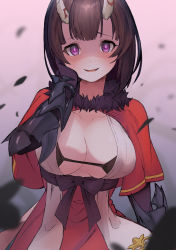 Rule 34 | + +, 1girl, absurdres, black bra, blurry, bra, breasts, capelet, cleavage, commentary request, crazy smile, demon girl, demon horns, depth of field, dress, eriko (princess connect!), fur-trimmed capelet, fur trim, gauntlets, highres, horns, large breasts, princess connect!, red capelet, red dress, shaded face, smile, so ki chi, solo, underwear, white dress