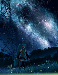 Rule 34 | 1girl, aqua hair, aqua necktie, bad id, bad pixiv id, black footwear, black thighhighs, boots, collared shirt, detached sleeves, domo1220, fireflies, grass, hatsune miku, headphones, highres, long hair, looking away, looking to the side, milky way, necktie, night, outdoors, overgrown, plant, pleated skirt, shirt, skirt, sky, sleeveless, sleeveless shirt, solo, star (sky), starry sky, thigh boots, thighhighs, transmission tower, twintails, very long hair, vocaloid, walking, wing collar
