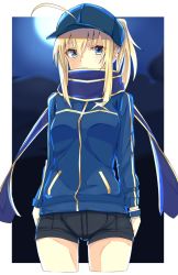 Rule 34 | 1girl, ahoge, artoria pendragon (fate), baseball cap, blonde hair, blue eyes, cowboy shot, fate (series), hat, highres, jacket, looking at viewer, mysterious heroine x (fate), ponytail, rojiura satsuki : chapter heroine sanctuary, saber (fate), scarf, solo, track jacket, yutchin