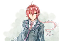 Rule 34 | 1boy, ahoge, blue jacket, breast pocket, commentary, dated, jacket, kasane ted, long hair, looking to the side, male focus, necktie, painting (medium), pocket, ponytail, red eyes, red hair, red necktie, shirt, sketch, smile, solo, tamanoka, traditional media, upper body, utau, watercolor (medium), white shirt