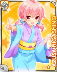 Rule 34 | 1girl, card (medium), character name, girlfriend (kari), higashino azusa, japanese clothes, kimono, official art, open mouth, pink eyes, pink hair, pointing, qp:flapper, smile, solo, tagme, twintails, v-shaped eyebrows, yellow background