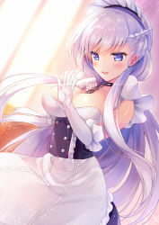 Rule 34 | 1girl, :d, apron, azur lane, belfast (azur lane), black dress, blurry, blurry background, blush, braid, breasts, chain, cleavage, collarbone, commentary request, day, depth of field, dress, dutch angle, elbow gloves, frilled apron, frills, glint, gloves, hair between eyes, hand on own chest, hands up, highres, jewelry, large breasts, long hair, looking away, maid, maid headdress, natsuki marina, open mouth, purple eyes, ring, silver hair, sleeveless, sleeveless dress, smile, solo, sparkle, sunlight, very long hair, waist apron, wedding band, white apron, white gloves