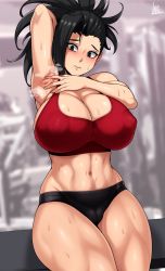 Rule 34 | 1girl, absurdres, arm behind head, arm up, armpits, artist name, bare shoulders, black buruma, black eyes, black hair, blurry, blurry background, boku no hero academia, breasts, buruma, cameltoe, cleavage, cleft of venus, closed mouth, commentary, covered erect nipples, cowboy shot, eyelashes, foreshortening, highres, huge breasts, jmg, looking at viewer, navel, raised eyebrows, red sports bra, skindentation, solo, sports bra, spread armpit, steaming body, sweat, thick thighs, thighs, toned, wide hips, yaoyorozu momo