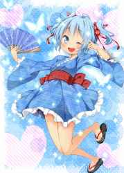 Rule 34 | 1girl, alternate costume, alternate hairstyle, blue eyes, blue hair, blue kimono, blue skirt, bow, cirno, hand fan, fang, hair bow, japanese clothes, jigatei (omijin), kimono, long sleeves, looking at viewer, matching hair/eyes, one eye closed, open mouth, sash, short hair, skirt, smile, solo, sparkle, touhou, twintails, wide sleeves, yukata