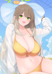 Rule 34 | 1girl, arm support, bikini, blue archive, blush, bracelet, breasts, cleavage, flower, front-tie bikini top, front-tie top, green eyes, groin, halo, hand on headwear, hat, hat flower, highres, huge breasts, jacket, jewelry, light brown hair, long hair, looking at viewer, momoiro lettuce, navel, nonomi (blue archive), nonomi (swimsuit) (blue archive), official alternate costume, open mouth, see-through, see-through jacket, side-tie bikini bottom, solo, string bikini, summer, sun hat, swimsuit, very long hair, white hair, yellow bikini