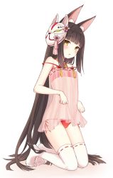 Rule 34 | absurdly long hair, animal ear fluff, animal ears, azur lane, bare shoulders, blush, bra, brown hair, camisole, commentary request, fox ears, fox mask, isao (wasamoti), kneeling, lingerie, long hair, looking at viewer, mask, nagato (azur lane), nagato (great fox&#039;s respite) (azur lane), panties, paw pose, red bra, red panties, see-through, simple background, solo, thighhighs, underwear, very long hair, white background, white thighhighs, yellow eyes