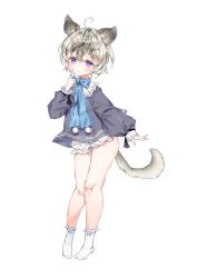 Rule 34 | 1girl, :&lt;, animal ears, bad id, bad pixiv id, black dress, blue bow, blush, bobby socks, bow, closed mouth, dress, full body, grey hair, hair between eyes, hand up, index finger raised, long sleeves, no shoes, original, puffy long sleeves, puffy sleeves, purple eyes, qlakwnd, short eyebrows, simple background, sleeves past wrists, socks, solo, standing, tail, thick eyebrows, white background, white socks