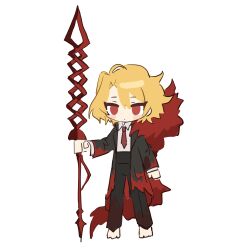 1girl absurdres barefoot black_coat black_pants blonde_hair cape chibi closed_mouth coat don_quixote_(project_moon) full_body highres holding holding_polearm holding_weapon lance limbus_company long_sleeves mts098 necktie pants parted_bangs polearm project_moon red_cape red_necktie sancho_(project_moon) short_hair solo weapon