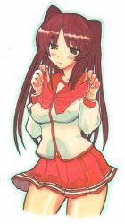 Rule 34 | 00s, 1girl, bow, bowtie, kikuta, kousaka tamaki, long hair, long sleeves, pleated skirt, red bow, red bowtie, red hair, red skirt, school uniform, serafuku, shirt, simple background, skirt, solo, standing, to heart (series), to heart 2, twintails, very long hair, white background, white shirt