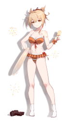 Rule 34 | 1girl, absurdres, alternate costume, arm tattoo, armpits, bare shoulders, barefoot, bikini, breasts, chest tattoo, cleavage, collarbone, commentary request, dianhua dianhua he, food, frilled bikini, frills, full body, genshin impact, geta, hair between eyes, hair ornament, hand on own hip, highres, holding, innertube, light brown hair, long hair, looking at viewer, medium breasts, navel, no shoes, orange bikini, orange eyes, popsicle, scrunchie, shoes, sidelocks, simple background, smile, socks, solo, spaghetti strap, standing, stomach, striped bikini, striped clothes, swim ring, swimsuit, tattoo, unworn shoes, white background, white socks, wrist cuffs, wrist scrunchie, yoimiya (genshin impact)