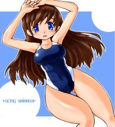 Rule 34 | 1girl, blue eyes, brown hair, competition swimsuit, long hair, lying, one-piece swimsuit, original, shinmeidon, swimsuit