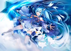 Rule 34 | 1girl, ahoge, ajigo, aqua eyes, bare shoulders, blue hair, blush, bow, cloud, constellation, detached sleeves, dress, earrings, fingerless gloves, flying, frills, full body, gloves, hair between eyes, hair bow, hair ornament, hair ribbon, happy, hatsune miku, holding, jewelry, long hair, looking at viewer, magic, midair, open mouth, outstretched arms, ribbon, shoes, single, smile, spread arms, star (symbol), striped, teeth, thighhighs, twintails, very long hair, vocaloid, wand, white thighhighs, wide sleeves, yuki miku, yukine (vocaloid)