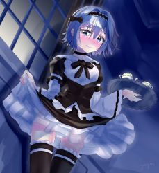 Rule 34 | 10s, 1girl, black bow, black choker, black shirt, black skirt, black thighhighs, blue eyes, blush, bow, choker, closed mouth, clothes lift, commentary request, fingernails, frilled thighhighs, frills, gluteal fold, gothic lolita, hair between eyes, hair bow, hairband, indoors, layered sleeves, lifted by self, lolita fashion, long sleeves, nose blush, panties, puffy short sleeves, puffy sleeves, ryuuou no oshigoto!, see-through, shirt, short hair, short over long sleeves, short sleeves, silver hair, skirt, skirt lift, solo, sora ginko, thighhighs, underwear, white panties, white shirt, window, yagni