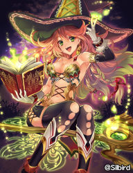 Rule 34 | 1girl, :d, armpits, bare shoulders, black thighhighs, book, bow, braid, breasts, buckle, cleavage, cross-laced clothes, detached sleeves, earrings, floating hair, gloves, glowing, green eyes, hair bow, hat, holding, holding book, jewelry, lace, long hair, looking at viewer, majo merlin, navel, nonomi nayori, nonoya nayori, official art, open book, open mouth, orange hair, red hair, sitting, smile, solo, star (symbol), thighhighs, tower of dragon, twitter username, v, very long hair, wavy hair, white gloves, witch, witch hat