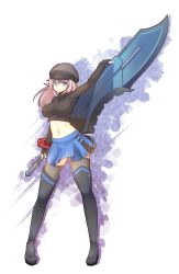 Rule 34 | 1girl, absurdres, black footwear, black gloves, black hat, black sweater, black thighhighs, blue skirt, blush, boots, breasts, closed mouth, crop top, fingerless gloves, fizintine, full body, gloves, hat, highres, holding, holding sword, holding weapon, impossible clothes, impossible sweater, large breasts, long hair, long sleeves, looking at viewer, navel, original, pink hair, simple background, skirt, smile, solo, sweater, sword, thigh boots, thighhighs, thighhighs under boots, weapon