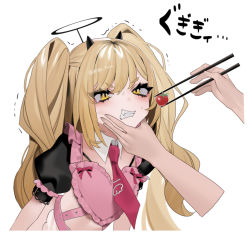 Rule 34 | 1girl, 1other, angry, artist name, bebe (bebe pp), black horns, blonde hair, blush, chopsticks, clenched teeth, detached collar, fake halo, fang, feeding, frills, halo, hand on another&#039;s cheek, hand on another&#039;s face, heart, holding, holding chopsticks, horns, long hair, necktie, original, puffy short sleeves, puffy sleeves, red necktie, short sleeves, simple background, solo, tearing up, teeth, tie clip, tomato, translation request, trembling, twintails, upper body, watermark, white background, yellow eyes