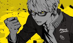 Rule 34 | 1boy, absurdres, btmr game, clenched hand, glasses, greyscale, greyscale with colored background, hair between eyes, highres, jacket, long sleeves, male focus, monochrome, narukami yuu, persona, persona 4, school uniform, shirt, signature, simple background, solo, spot color, upper body, yasogami school uniform, yellow background, yellow eyes