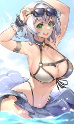 Rule 34 | 1girl, :d, absurdres, adjusting eyewear, arm strap, arms up, bikini, blue skirt, blush, breasts, cleavage, dokkumaa, eyewear on head, front-tie bikini top, front-tie top, green eyes, grey hair, halterneck, highleg, highres, hololive, large breasts, looking at viewer, navel, open mouth, pleated skirt, shirogane noel, shirogane noel (summer 2020), short hair, skirt, smile, solo, stomach, string bikini, sunglasses, swimsuit, teeth, upper teeth only, virtual youtuber, wrist cuffs
