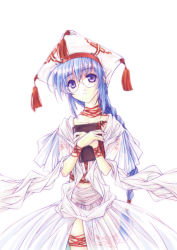 Rule 34 | 1girl, :c, blue eyes, blue hair, blush, book, braid, braided ponytail, closed mouth, commentary request, cowboy shot, dress, glasses, holding, holding book, long hair, looking at viewer, morino kiriko, original, painting (medium), red ribbon, ribbon, see-through, simple background, solo, tassel, traditional media, watercolor (medium), white background, white dress, white headwear