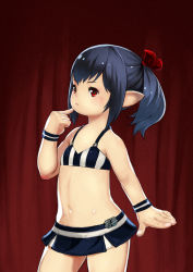 Rule 34 | 10s, 1girl, bare shoulders, bikini, black hair, blush, final fantasy, final fantasy xiv, flat chest, hair ribbon, lalafell, looking at viewer, muuten, navel, pointy ears, ponytail, red eyes, ribbon, short hair, solo, square enix, swimsuit, warrior of light (ff14)